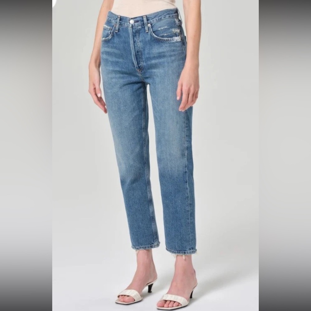 Agolde Riley High Rise Straight Crop Jeans Womens 25 Denim Blue Chew Hem Cotton
